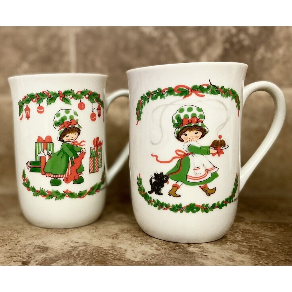 1980 Little Miss Sugarplum Porcelain Christmas Mugs Small Vintage Jasco Set of 2